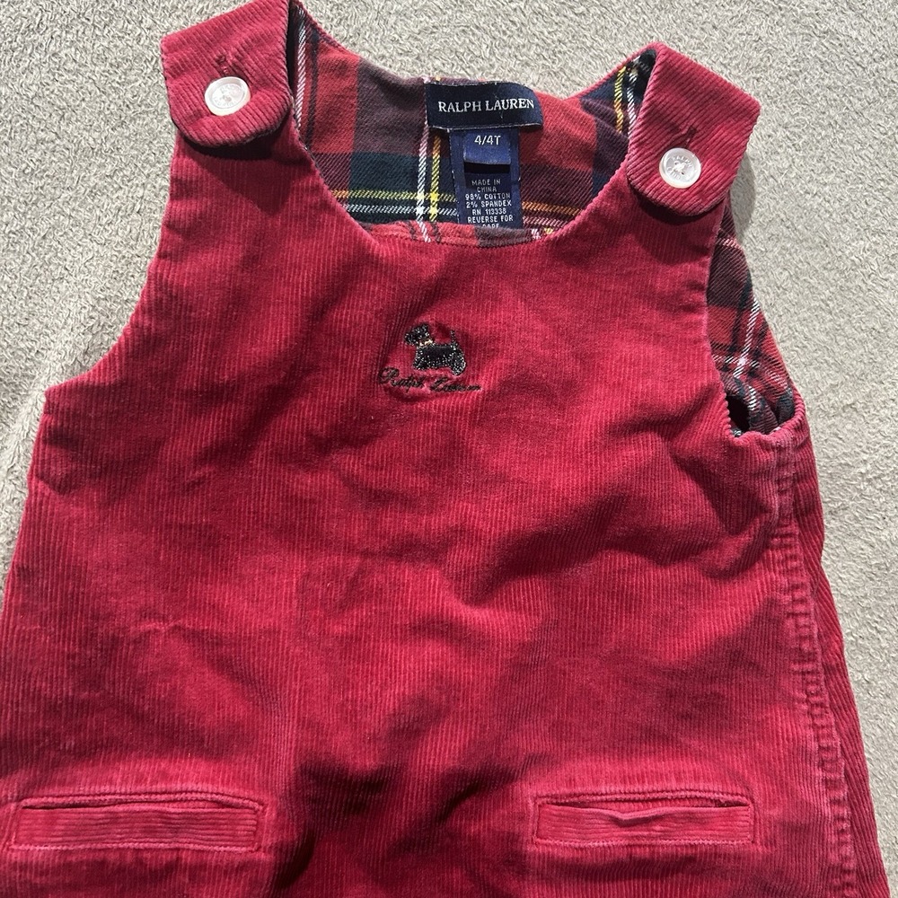Ralph Lauren Girls Size 4/4T Red Corduroy Plaid Lined Jumper Dress Scottie Dog